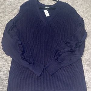 Express navy blue sweater with ruffles on sleeves. V neck New with tags. XL.